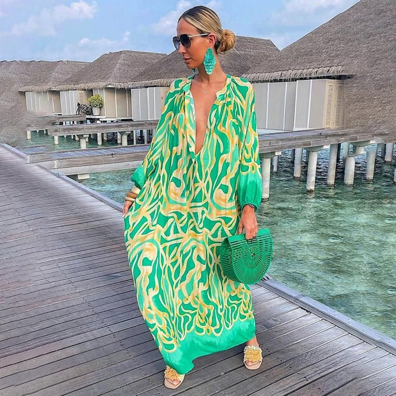 Eleanor | Women's Long-Sleeve Abstract Print Flowing Maxi Kaftan Dress