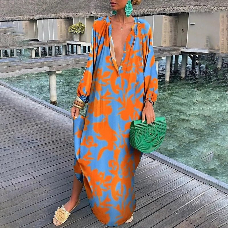 Eleanor | Women's Long-Sleeve Abstract Print Flowing Maxi Kaftan Dress