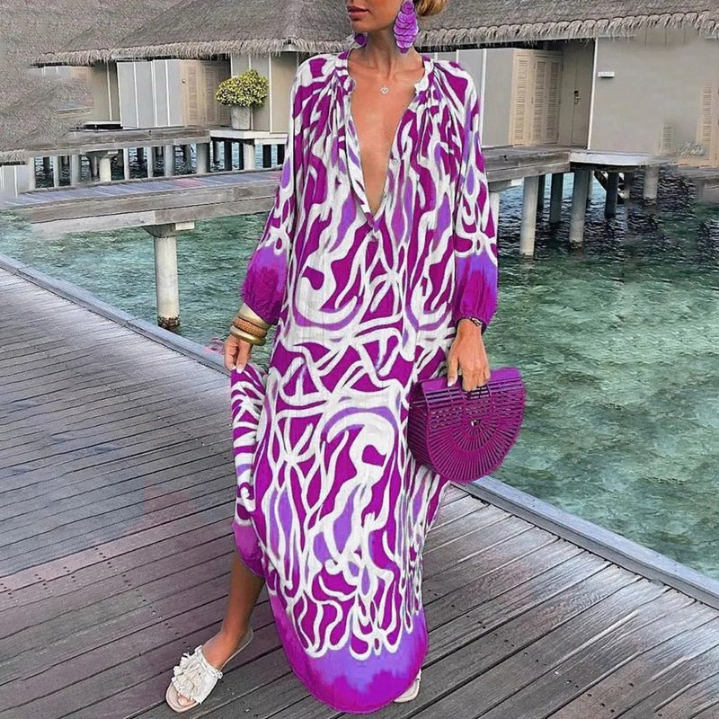 Eleanor | Women's Long-Sleeve Abstract Print Flowing Maxi Kaftan Dress