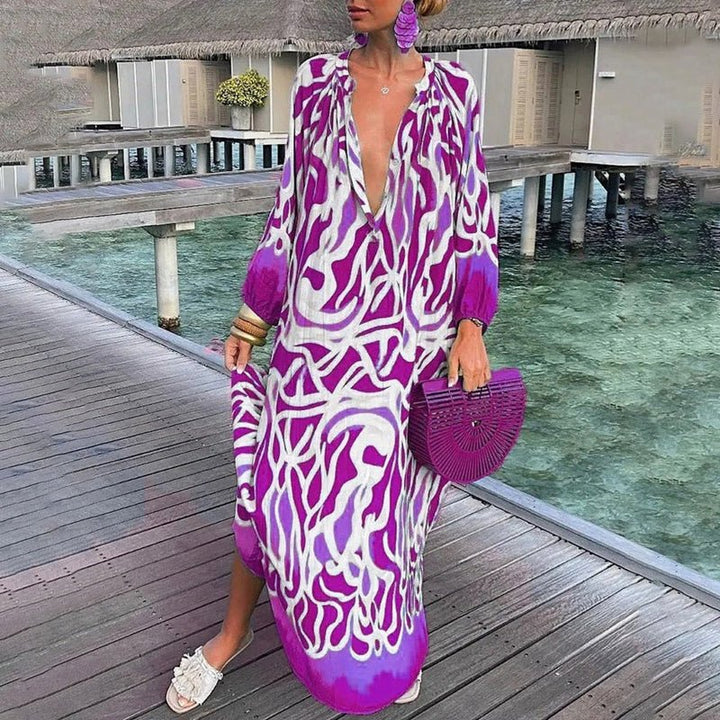 Eleanor | Women's Long-Sleeve Abstract Print Flowing Maxi Kaftan Dress