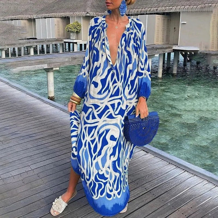 Eleanor | Women's Long-Sleeve Abstract Print Flowing Maxi Kaftan Dress