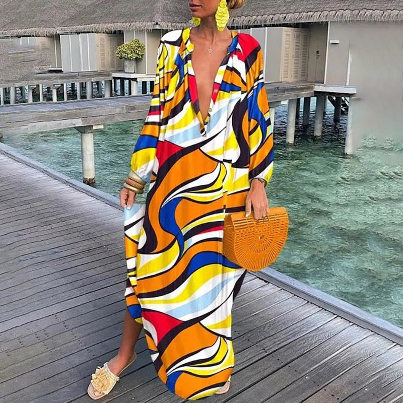Eleanor | Women's Long-Sleeve Abstract Print Flowing Maxi Kaftan Dress
