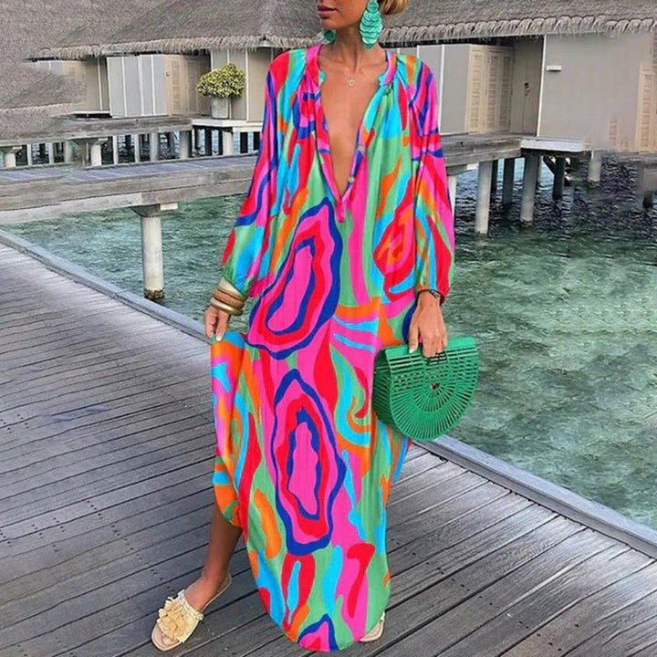 Eleanor | Women's Long-Sleeve Abstract Print Flowing Maxi Kaftan Dress