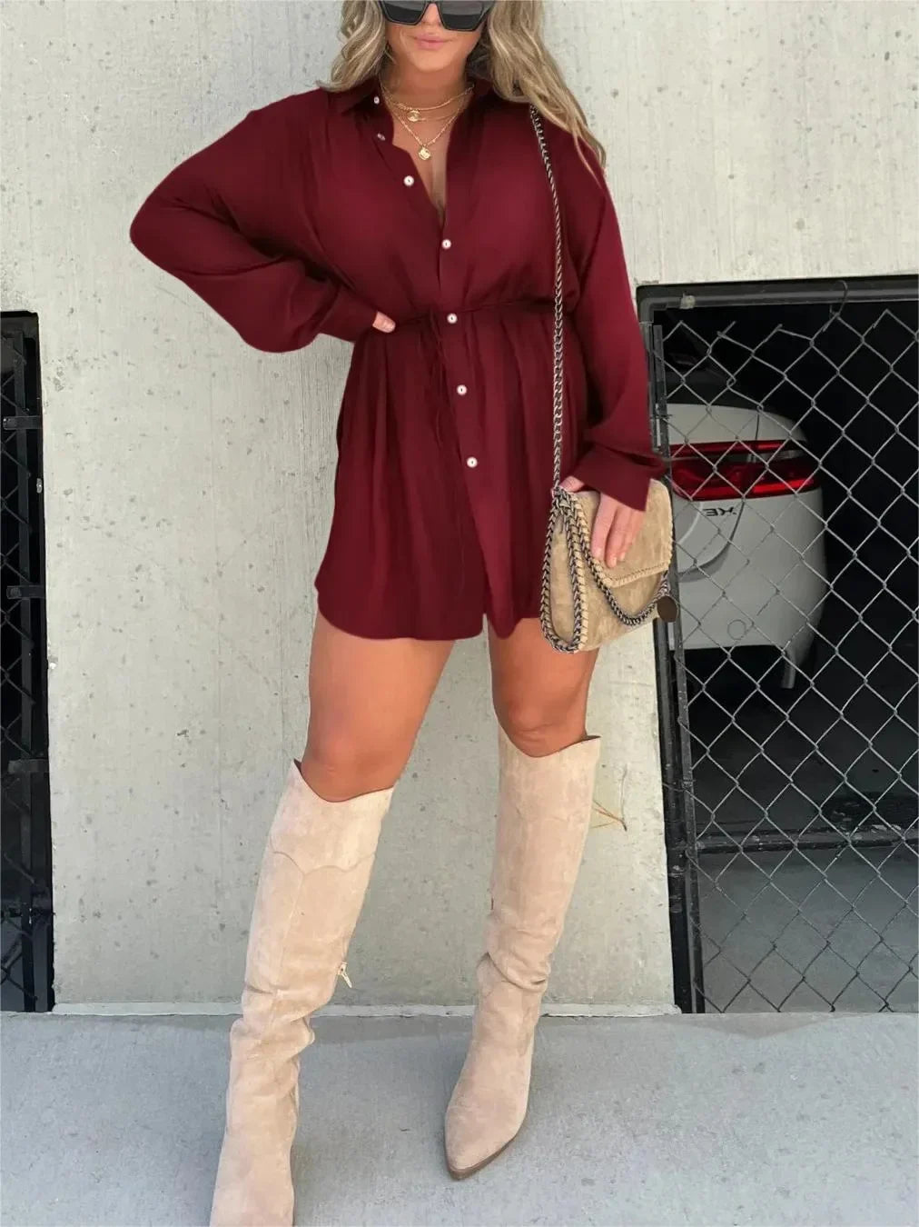 Women's Shirt Dress with Self-Tie Waist