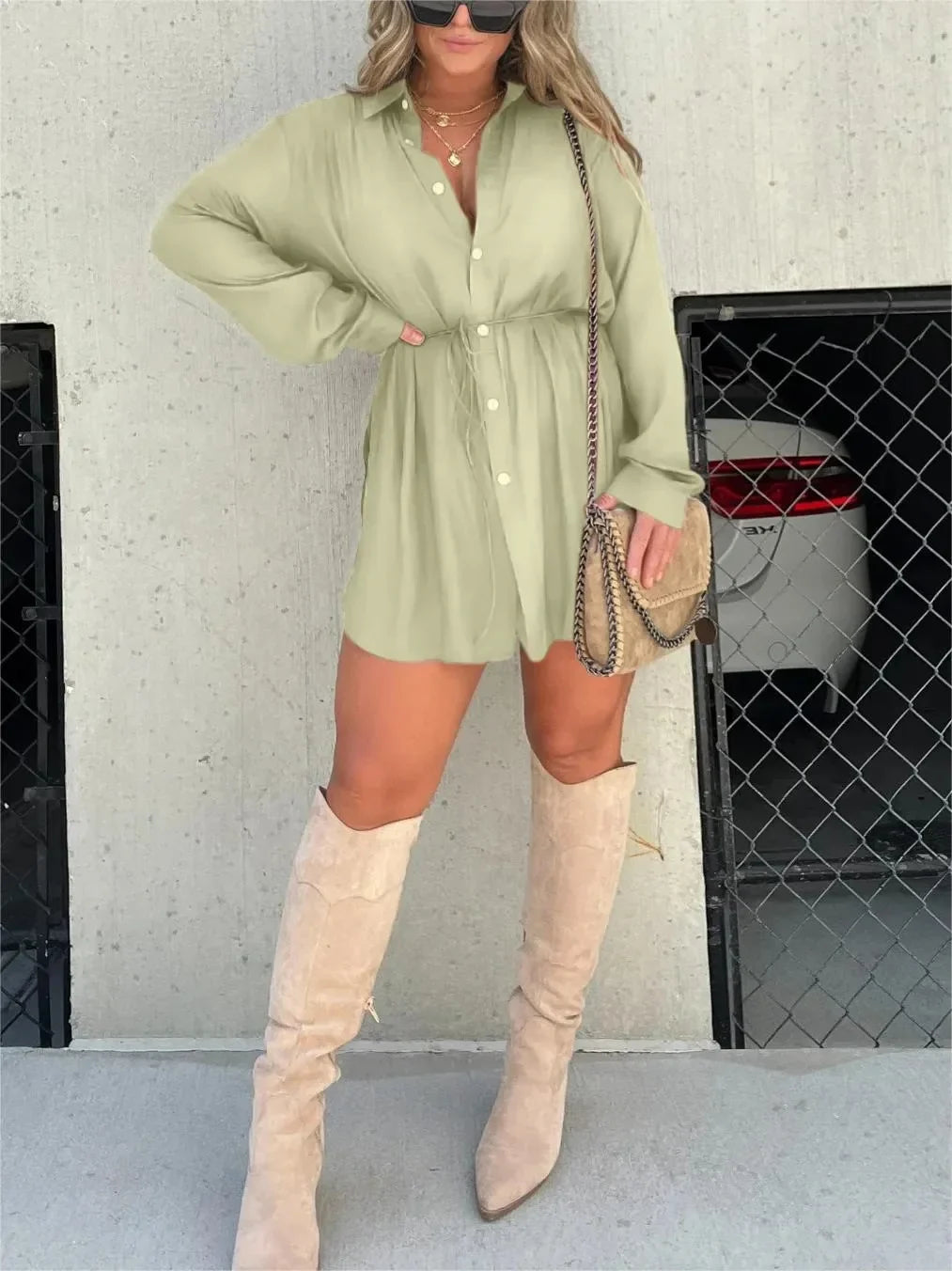 Women's Shirt Dress with Self-Tie Waist
