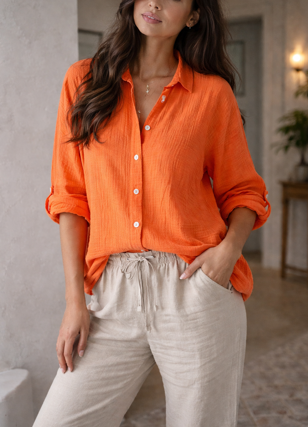 Women's Long Sleeve Button Down Shirt with Roll Up Tabs - Orange