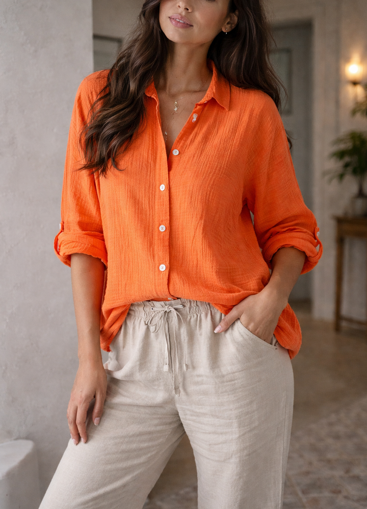 Women's Long Sleeve Button Down Shirt with Roll Up Tabs - Orange