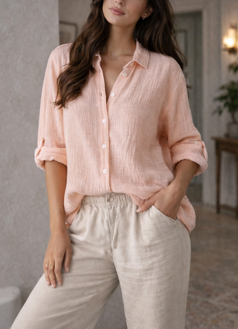 Women's Long Sleeve Button Down Shirt with Roll Up Tabs - Pink