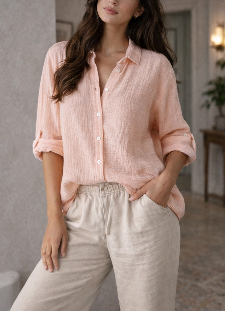 Women's Long Sleeve Button Down Shirt with Roll Up Tabs - Pink