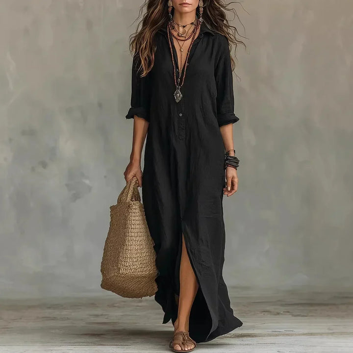 Women's Long Sleeve Button Front Shirt Maxi Dress - Black