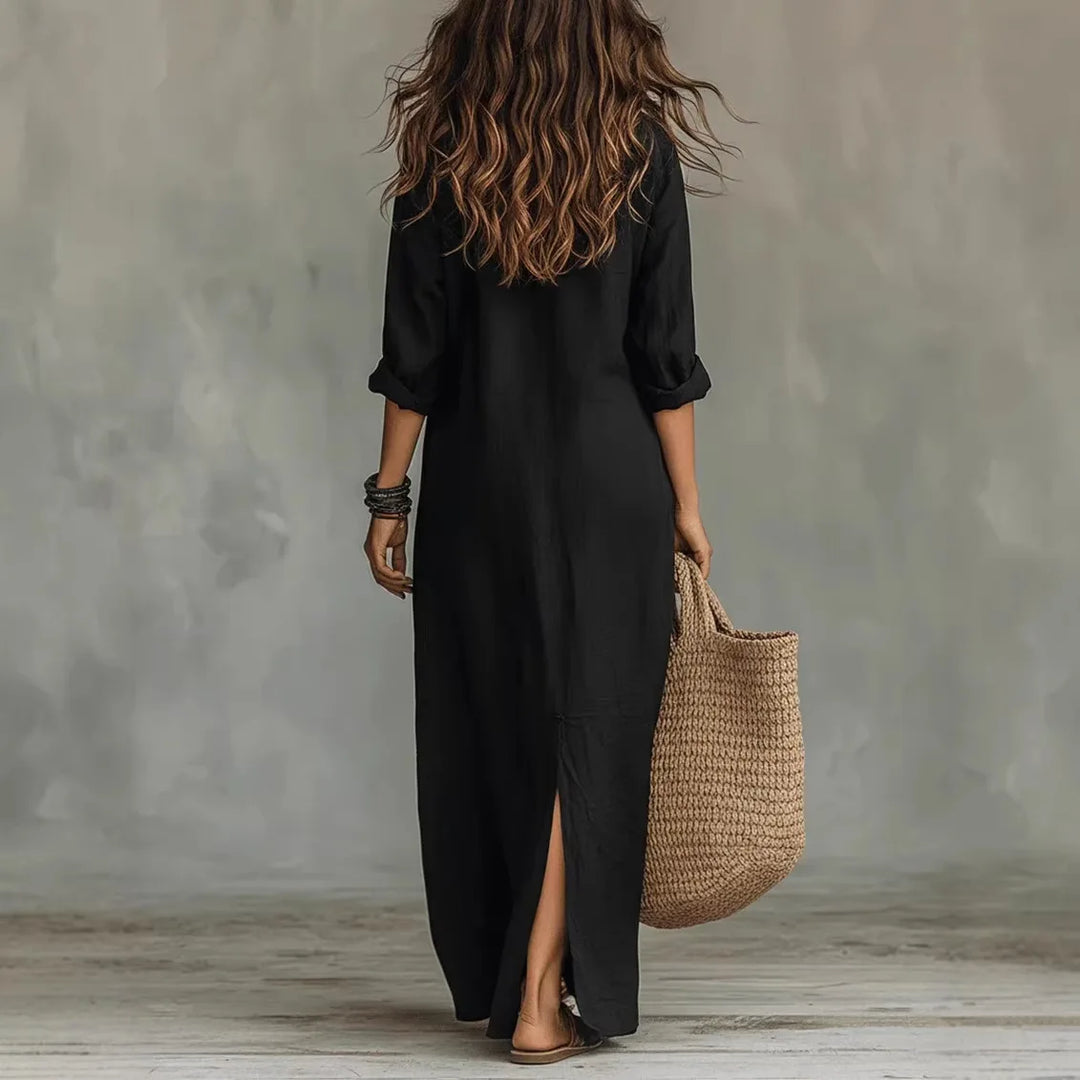 Women's Long Sleeve Button Front Shirt Maxi Dress