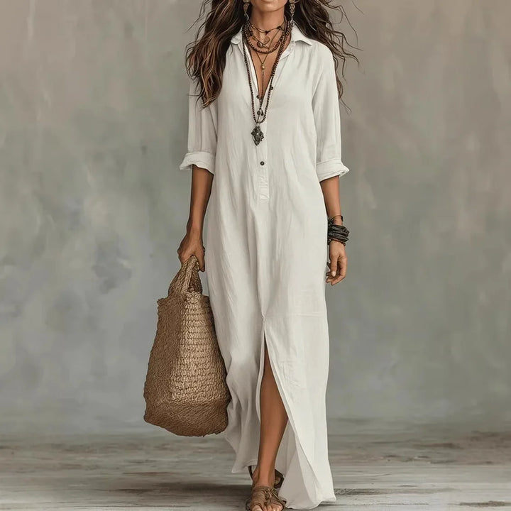 Women's Long Sleeve Button Front Shirt Maxi Dress - White