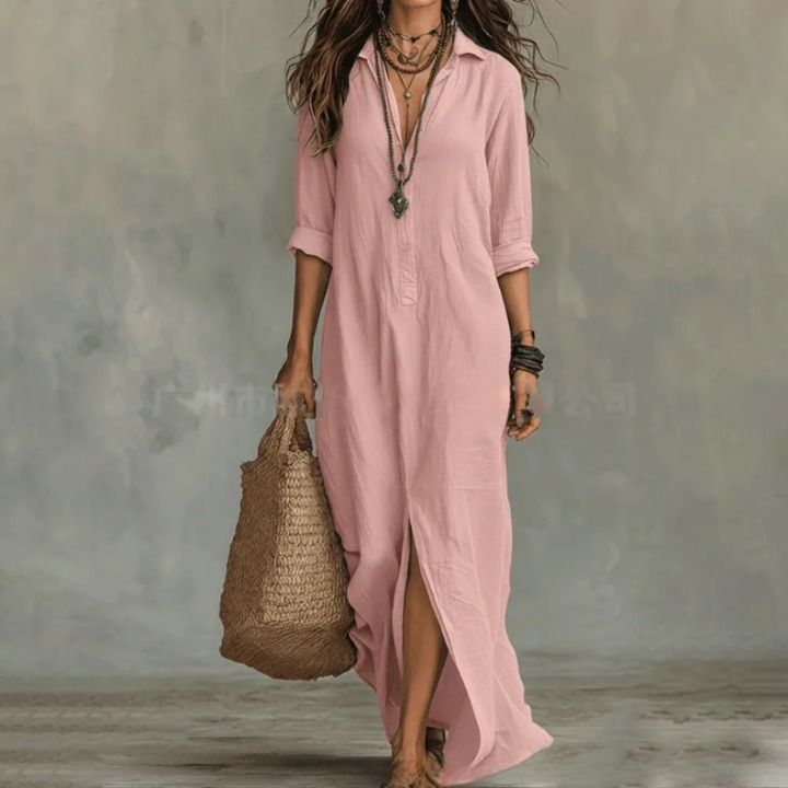 Women's Long Sleeve Button Front Shirt Maxi Dress - Pink