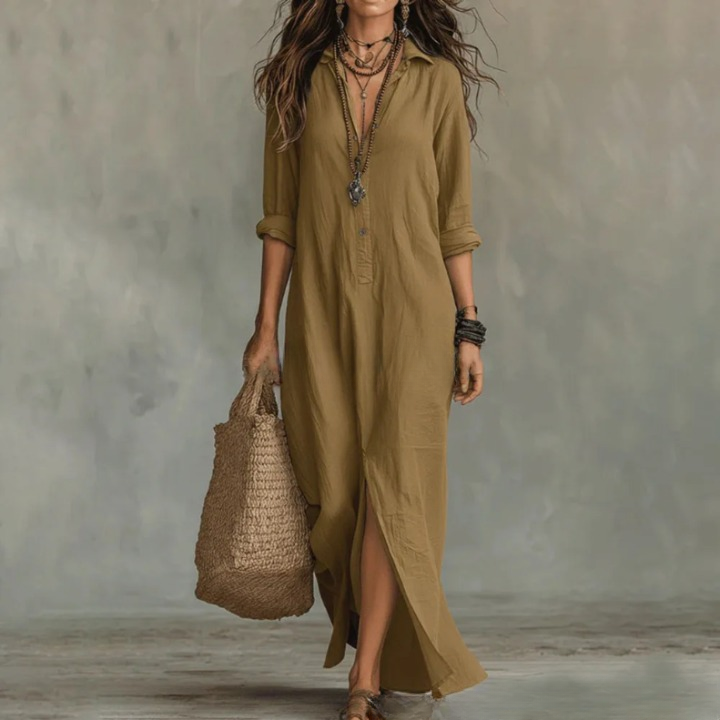 Women's Long Sleeve Button Front Shirt Maxi Dress - Khaki