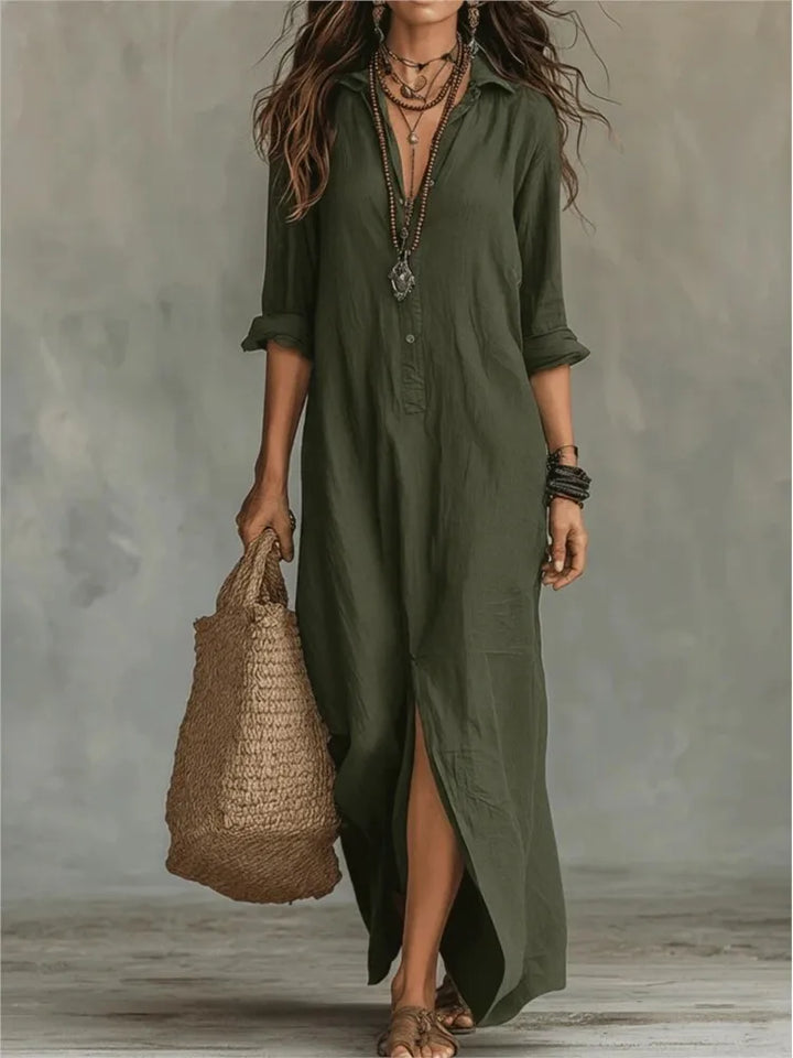 Women's Long Sleeve Button Front Shirt Maxi Dress - Army Green