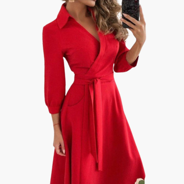 Women's Long Sleeve Midi Dress with a Tie Belt – view 4