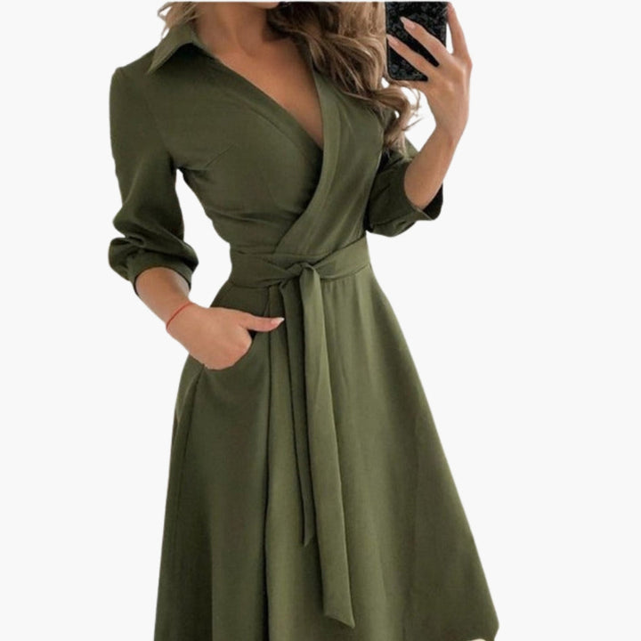 Women's Long Sleeve Midi Dress with a Tie Belt – view 6