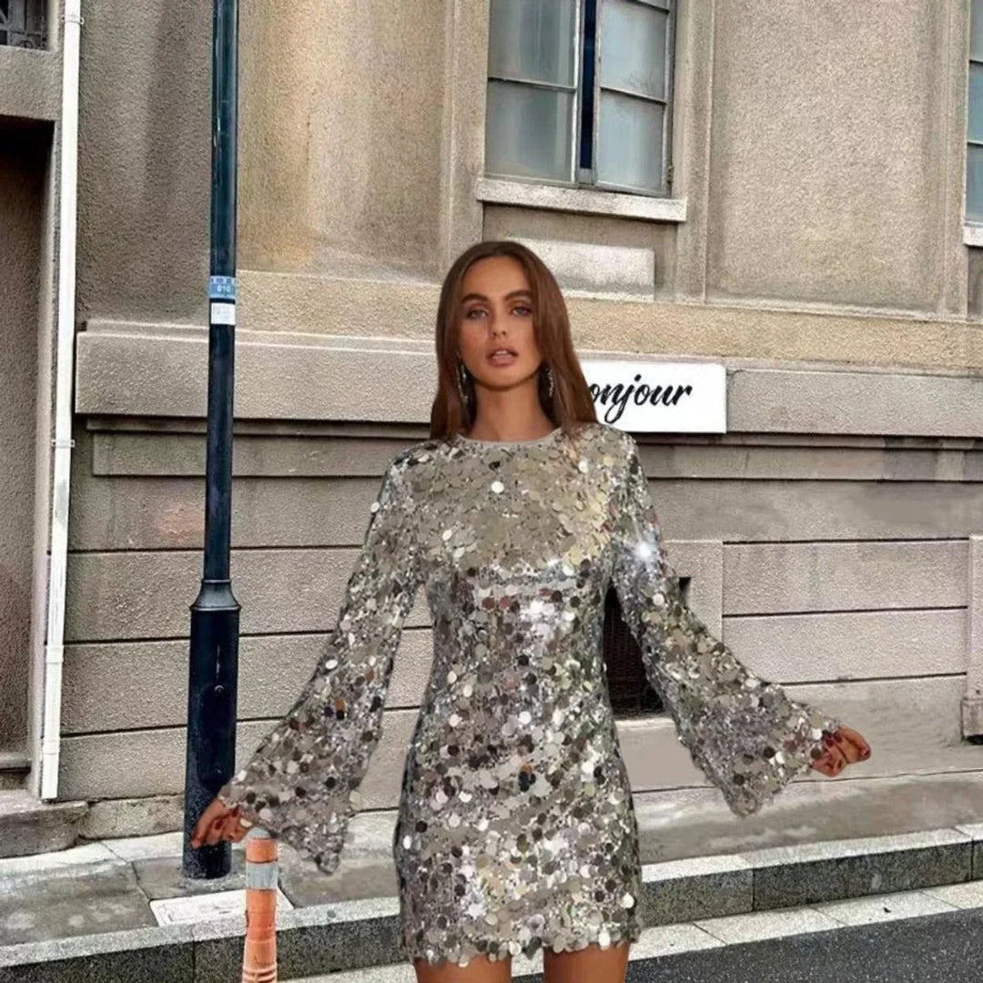 Women's Sequin Mini Dress with Long Sleeves