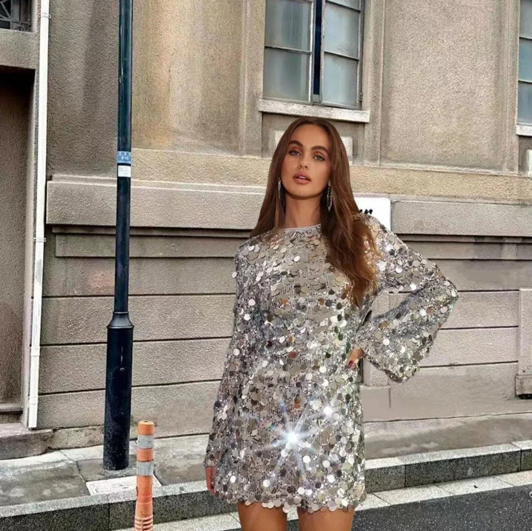 Women's Sequin Mini Dress with Long Sleeves
