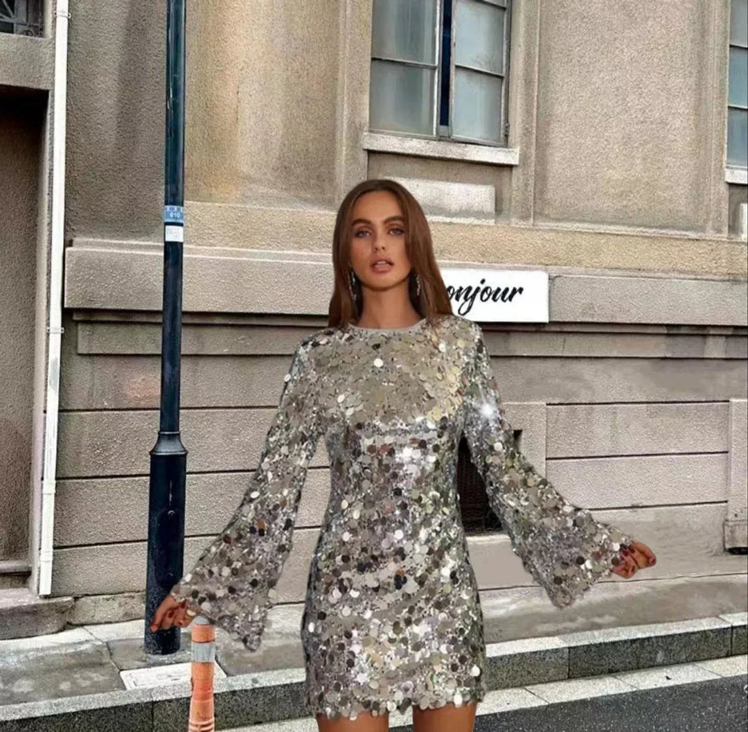 Women's Sequin Mini Dress with Long Sleeves