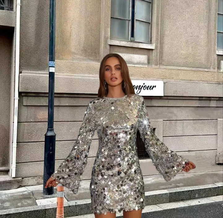 Women's Sequin Mini Dress with Long Sleeves