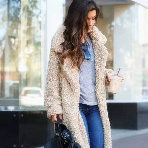 Women's Long Teddy Coat with Lapel Collar - photo 1