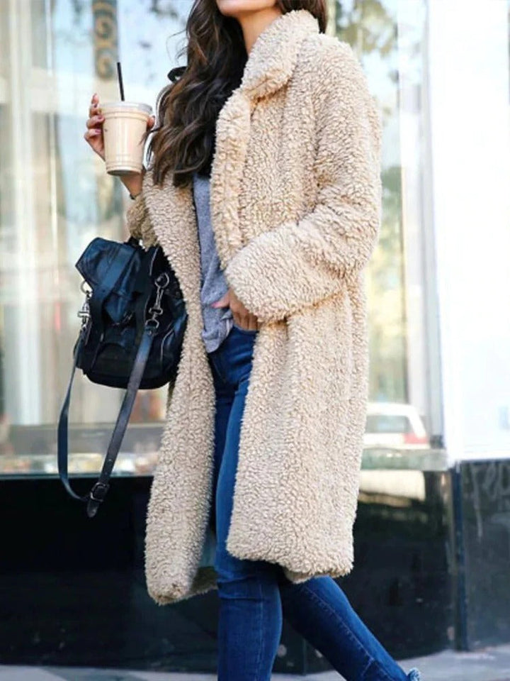 Women's Long Teddy Coat with Lapel Collar - photo 2
