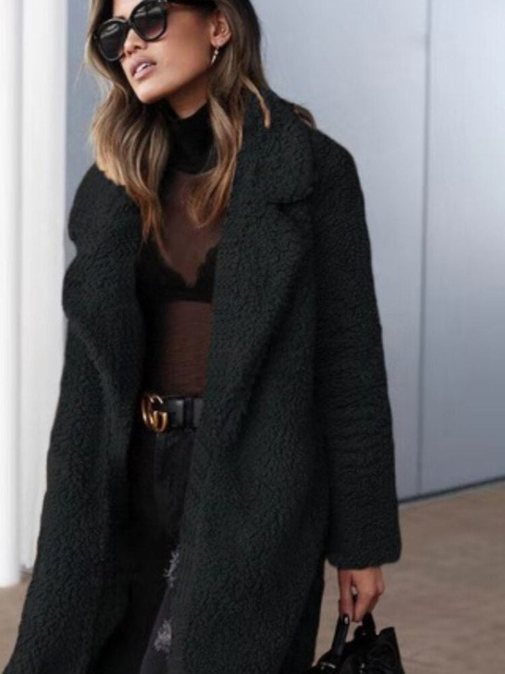 Women's Long Teddy Coat with Lapel Collar - photo 3