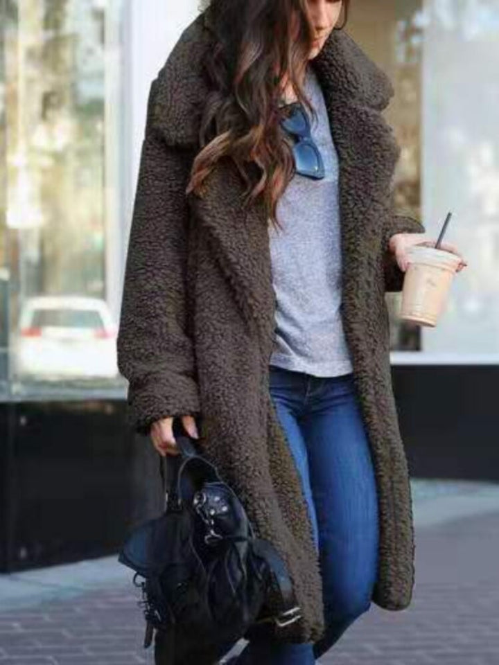 Women's Long Teddy Coat with Lapel Collar - photo 4