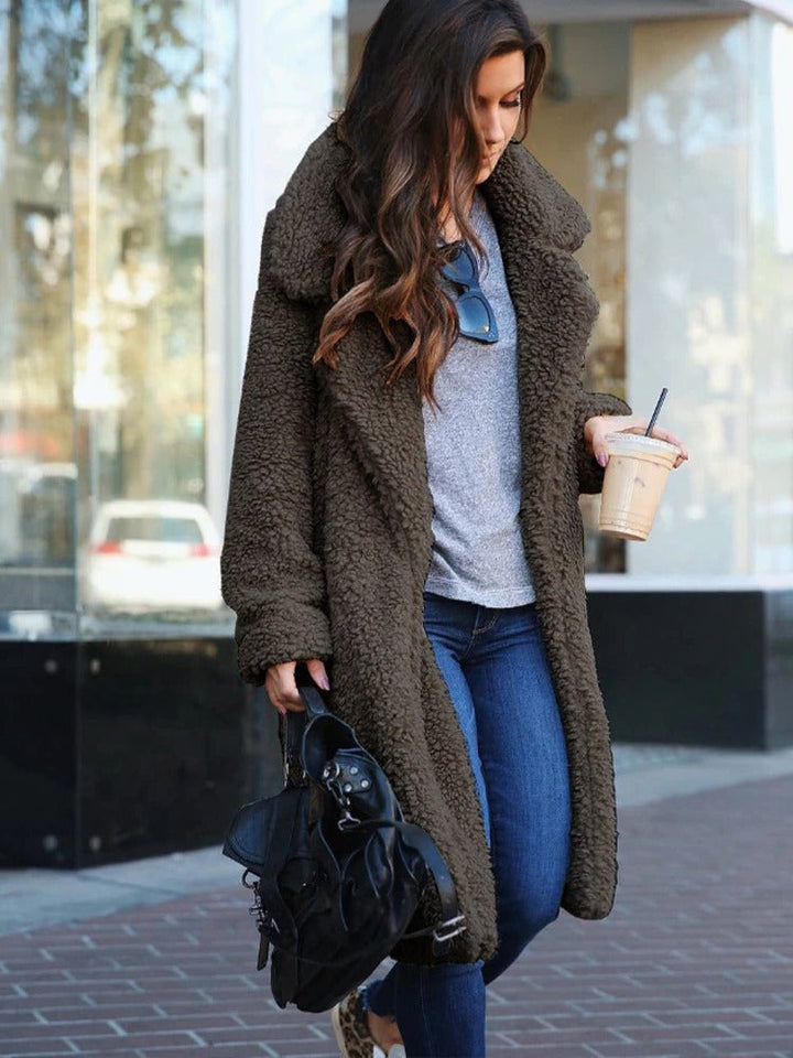 Women's Long Teddy Coat with Lapel Collar - photo 5