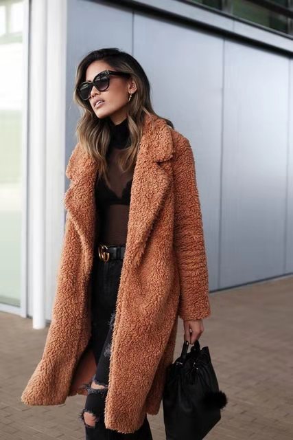 Women's Long Teddy Coat with Lapel Collar - photo 7