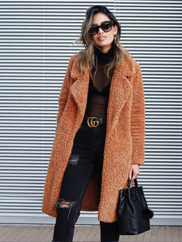 Women's Long Teddy Coat with Lapel Collar - photo 8