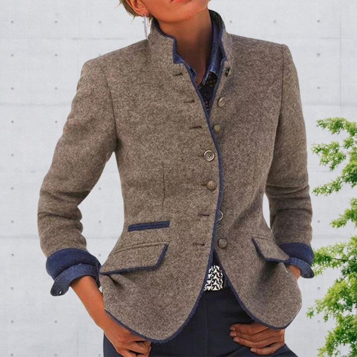 Women's Mandarin Collar Blazer with Contrast Trim - photo 3