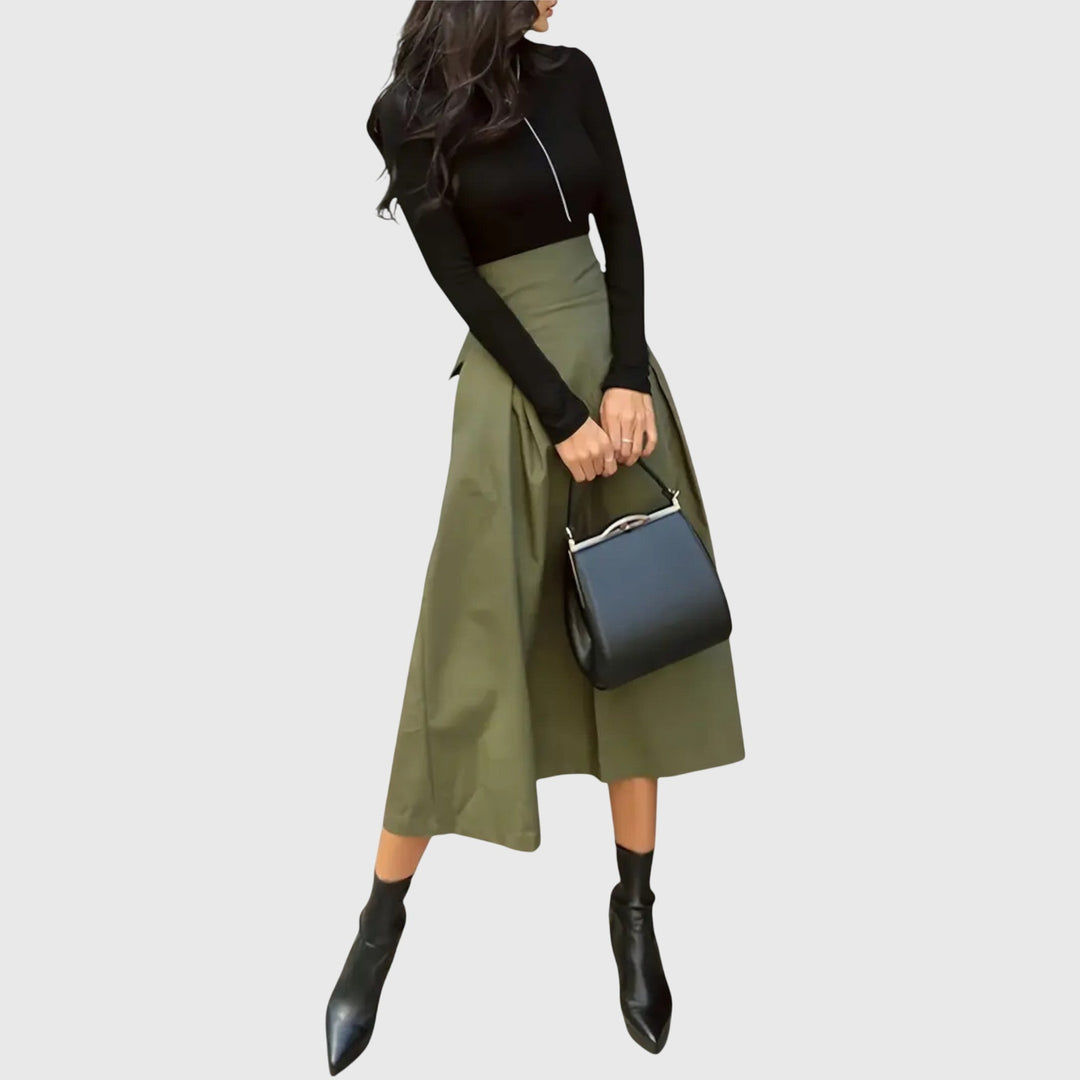 Women's High Waisted A-Line Midi Skirt with Tie Belt