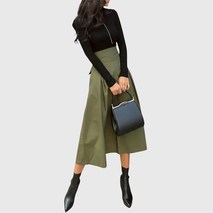 Women's High Waisted A-Line Midi Skirt with Tie Belt