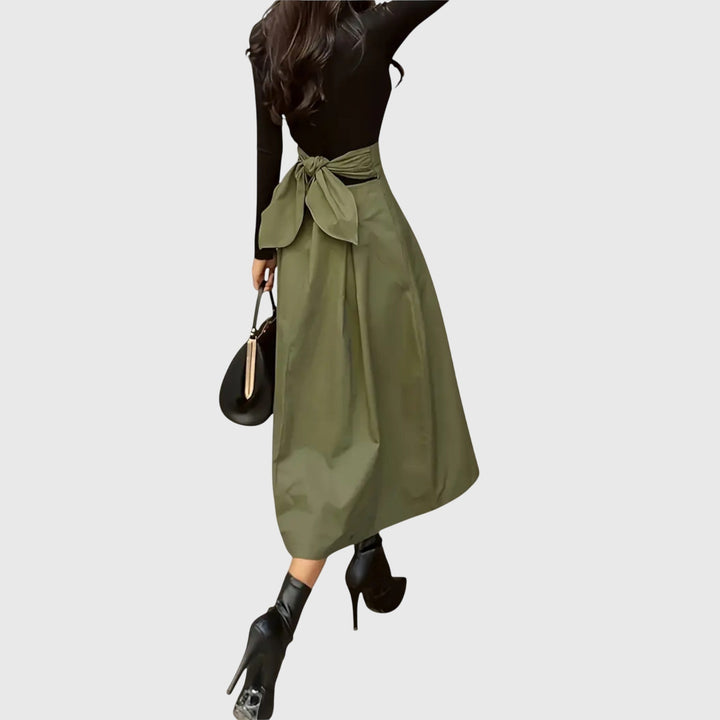 Women's High Waisted A-Line Midi Skirt with Tie Belt