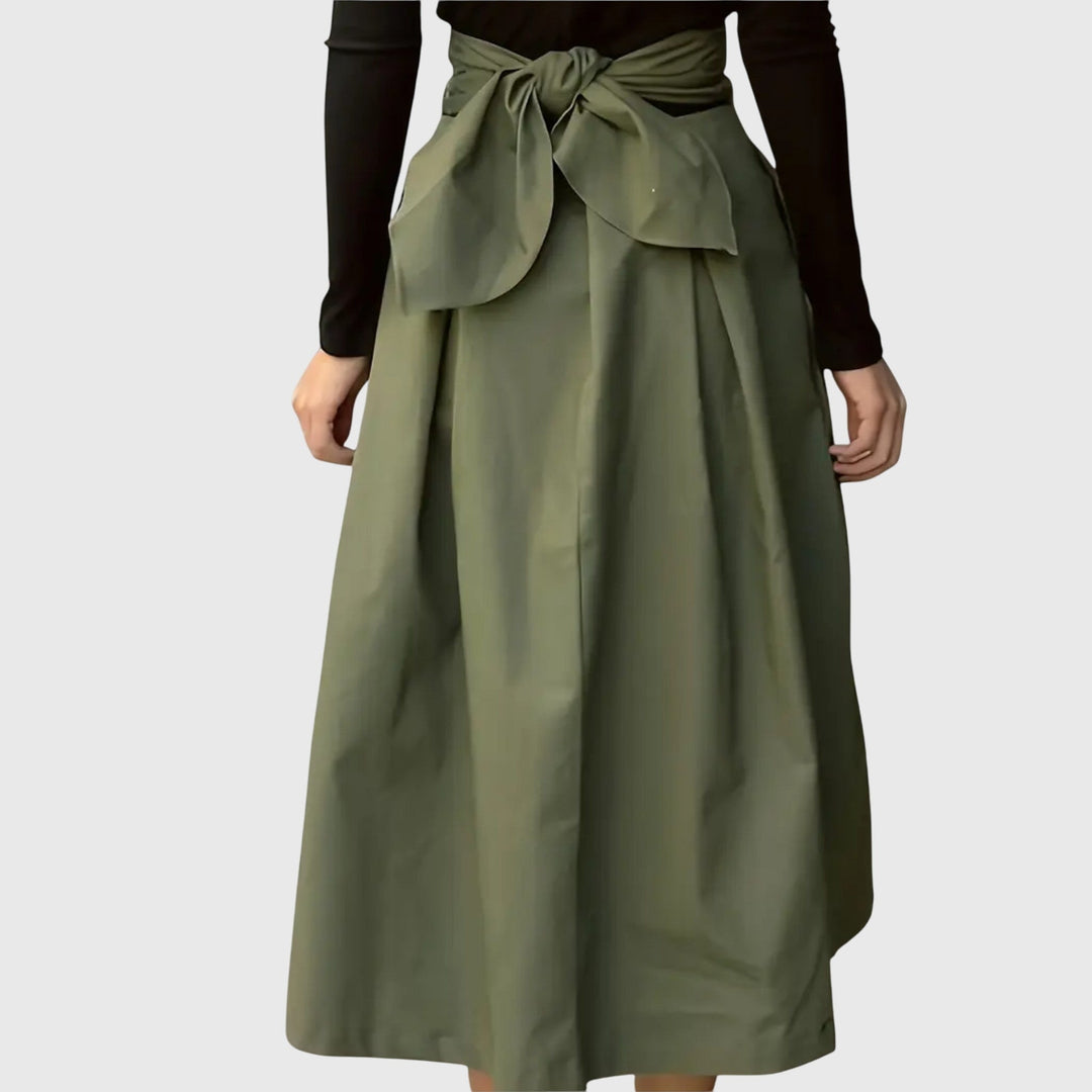 Women's High Waisted A-Line Midi Skirt with Tie Belt - Green