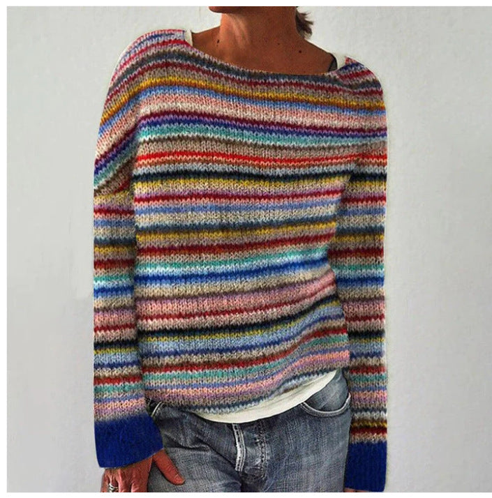 Women's Multicolour Striped Jumper with Round Neck - photo 2