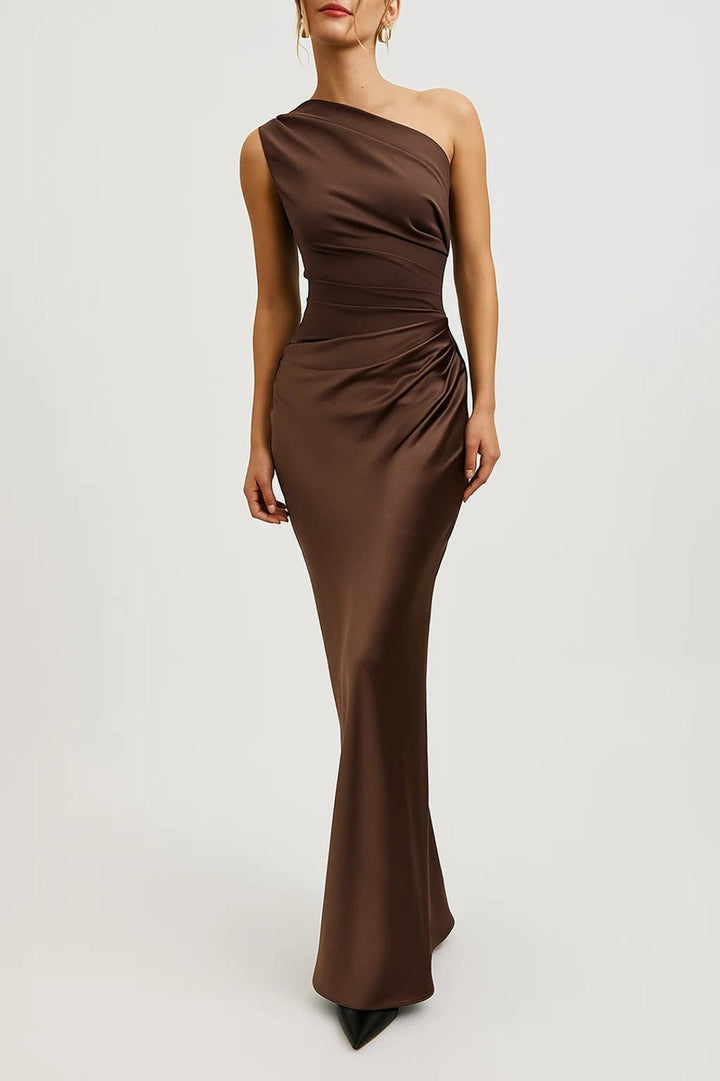 Women's One-Shoulder Satin Maxi Dress - Brown
