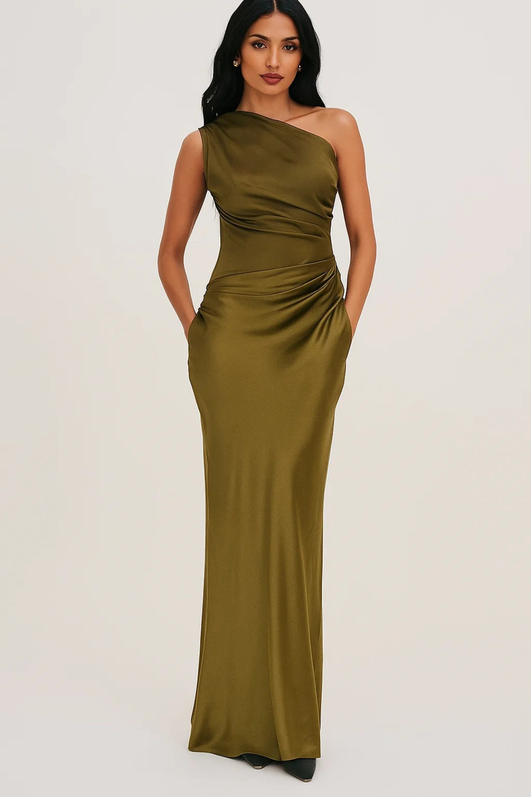 Women's One-Shoulder Satin Maxi Dress - Olive Green