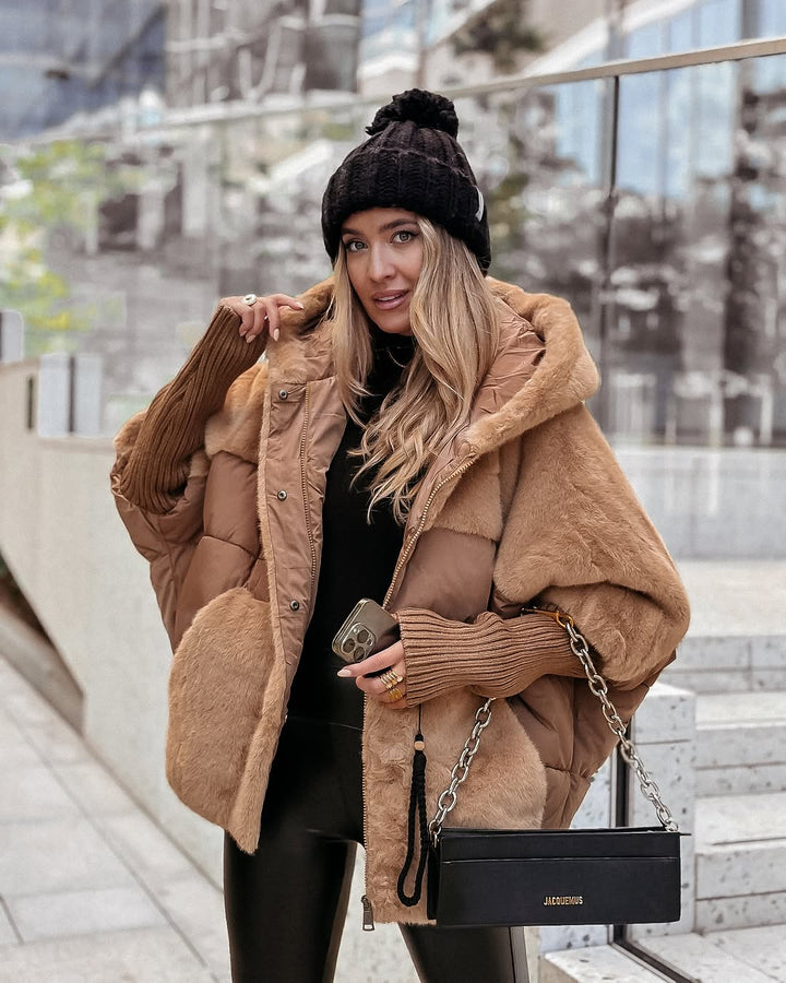 Women's Oversized Hooded Quilted Coat - Brown