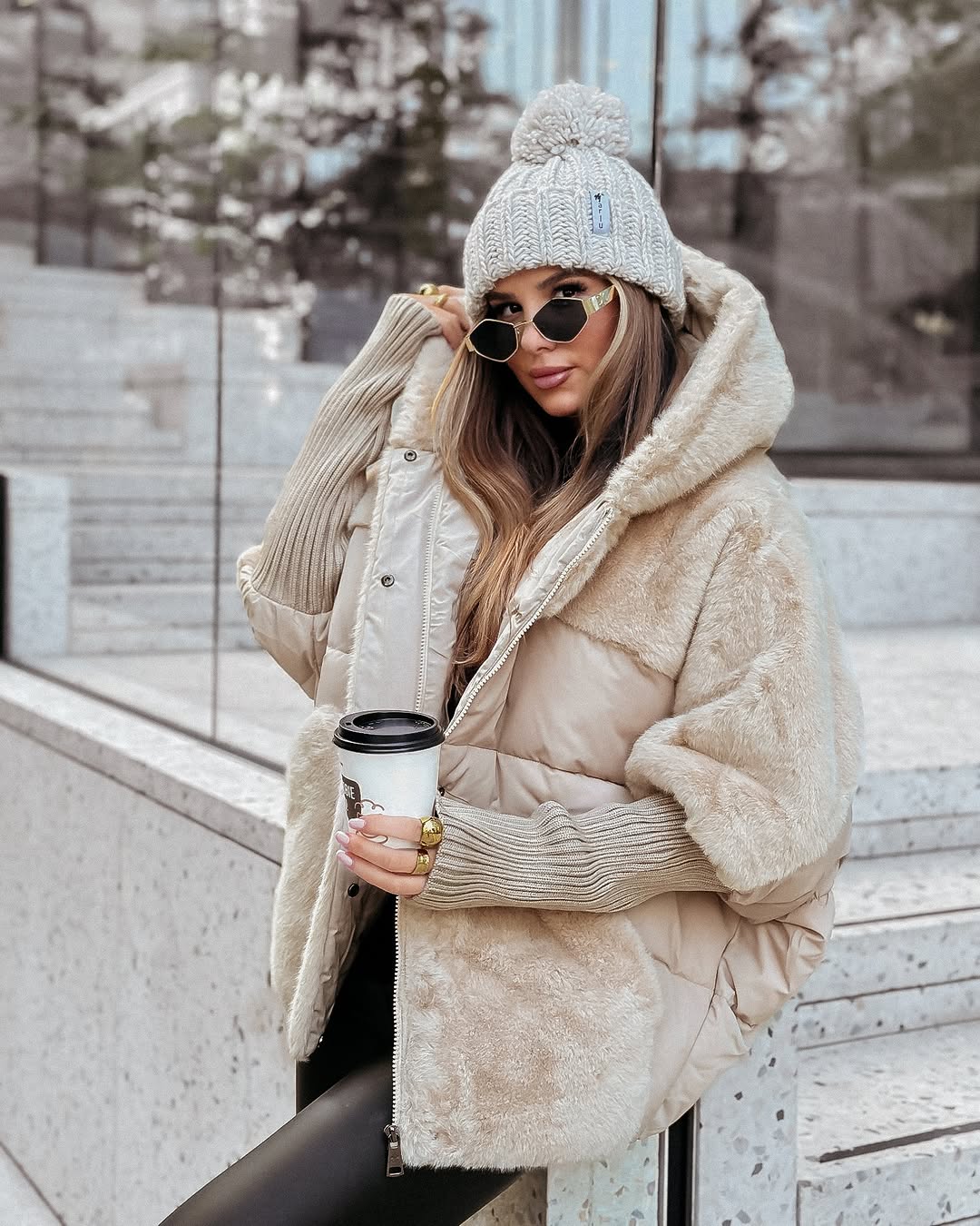 Women's Oversized Hooded Quilted Coat - Beige