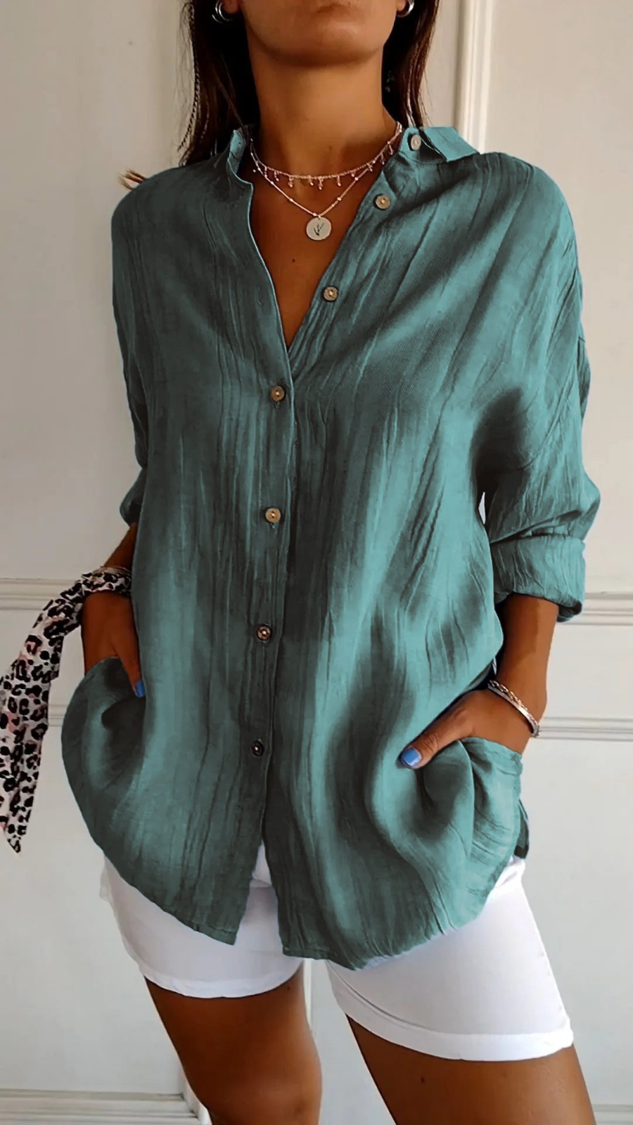 Women's Oversized Linen Shirt with Button Front - photo 6
