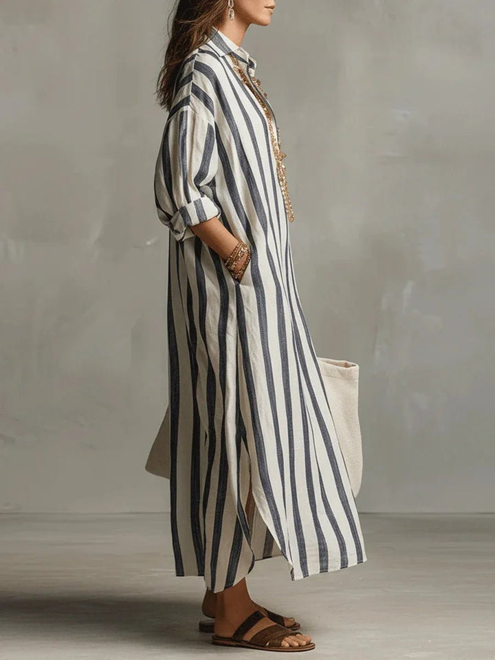 Evelyn | Women's Oversized Linen Striped Long Sleeve Maxi Shirt Dress