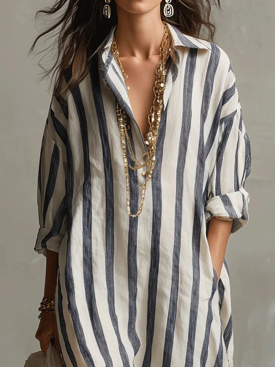 Evelyn | Women's Oversized Linen Striped Long Sleeve Maxi Shirt Dress