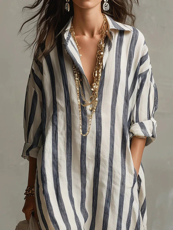 Evelyn | Women's Oversized Linen Striped Long Sleeve Maxi Shirt Dress