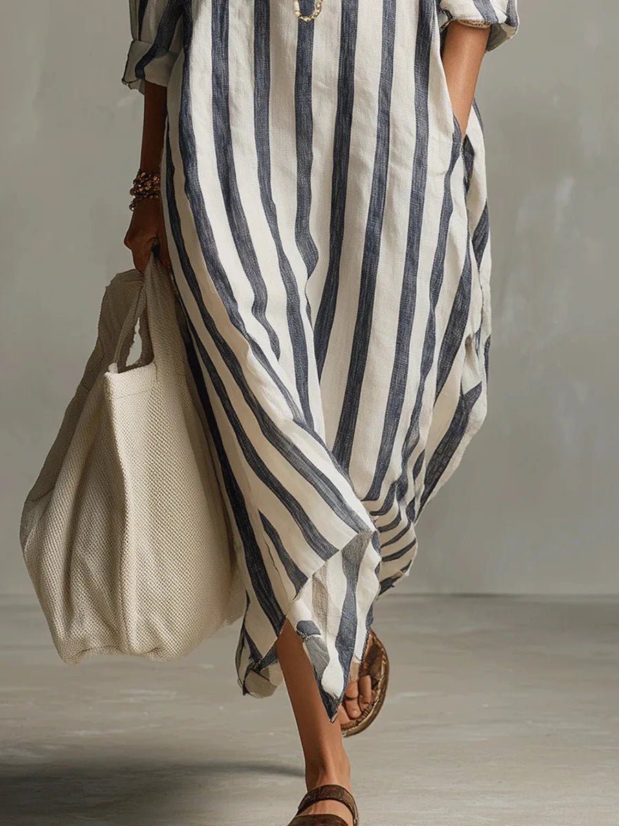 Evelyn | Women's Oversized Linen Striped Long Sleeve Maxi Shirt Dress