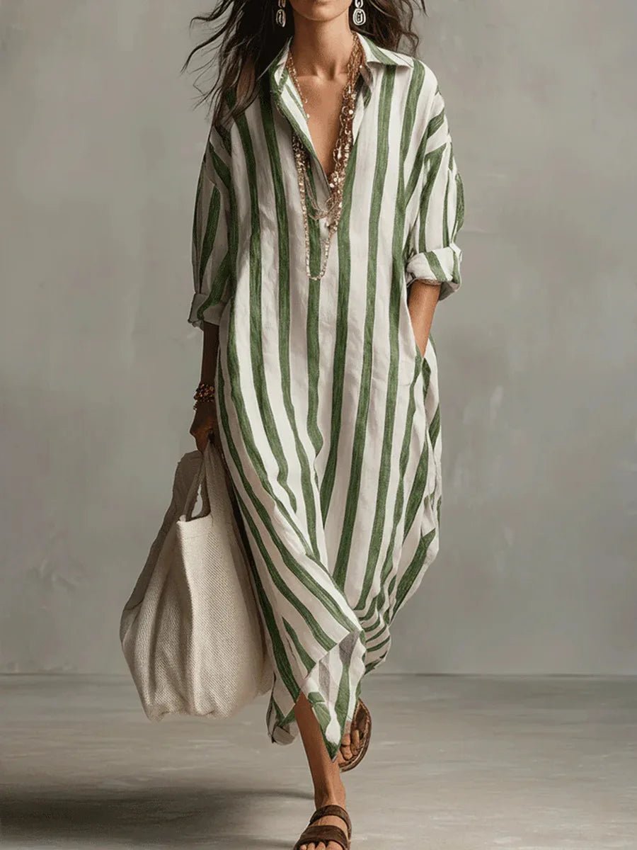 Evelyn | Women's Oversized Linen Striped Long Sleeve Maxi Shirt Dress