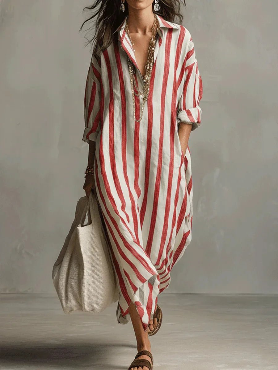 Evelyn | Women's Oversized Linen Striped Long Sleeve Maxi Shirt Dress