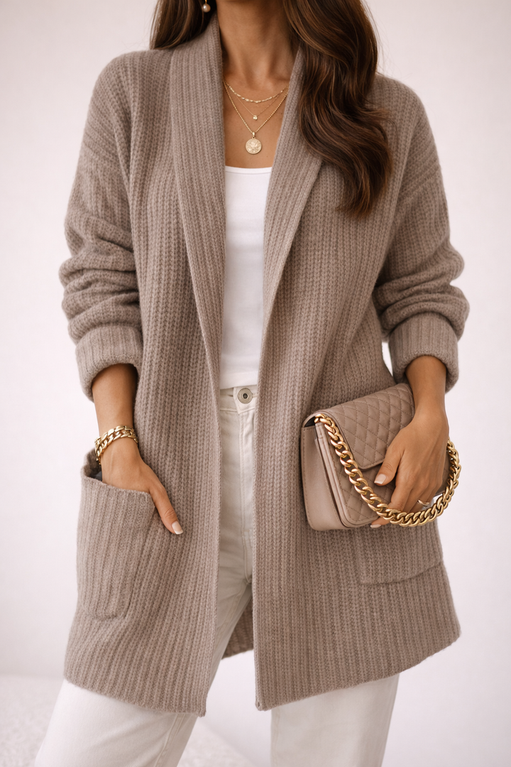 Women's Oversized Shawl Collar Cardigan with Pockets - Camel